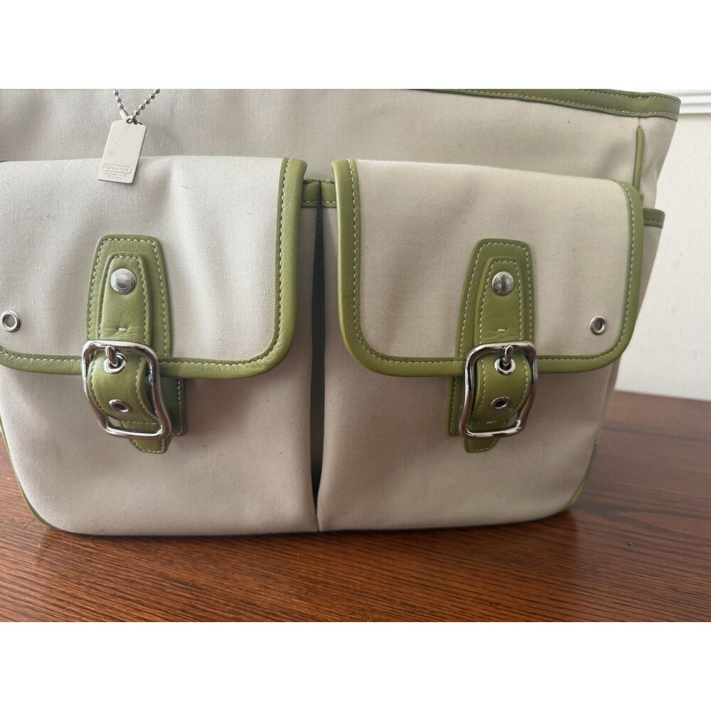 Vintage Coach Hampton Twill Garden Tote Bag B04Q 6734 Tan Green Canvas Leather - Picture 3 of 16